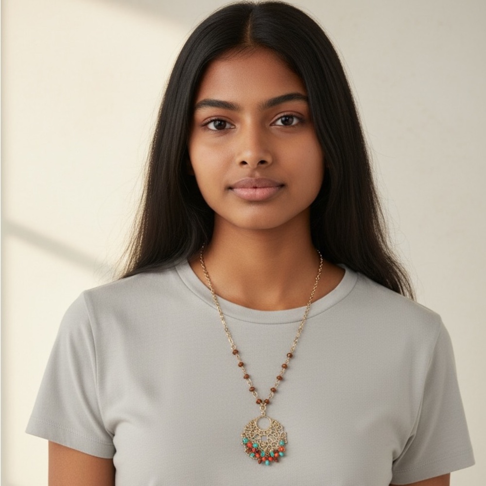 Gold and Blue Filigree Pendant Necklace